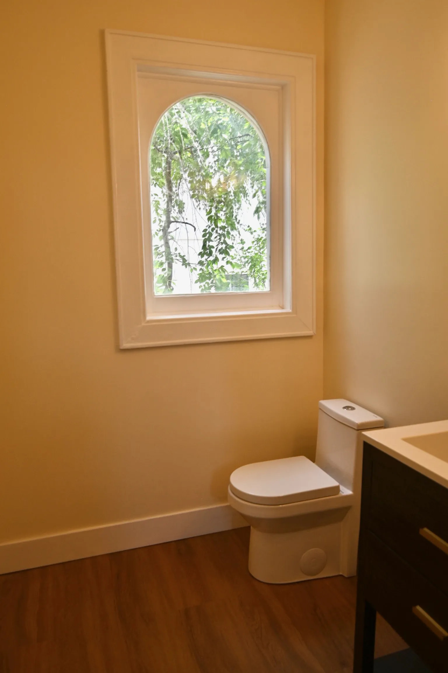 Wider view of the main-floor half bath: an arched window framed in white molding over greenery, a modern toilet, composite floors, and the edge of the dark-wood vanity with brass pulls